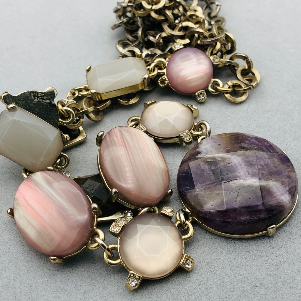 Amethyst Necklace Chunky Faceted Purple Stone Pink Chatoyant Resin Cabochons 30" - Picture 3 of 10